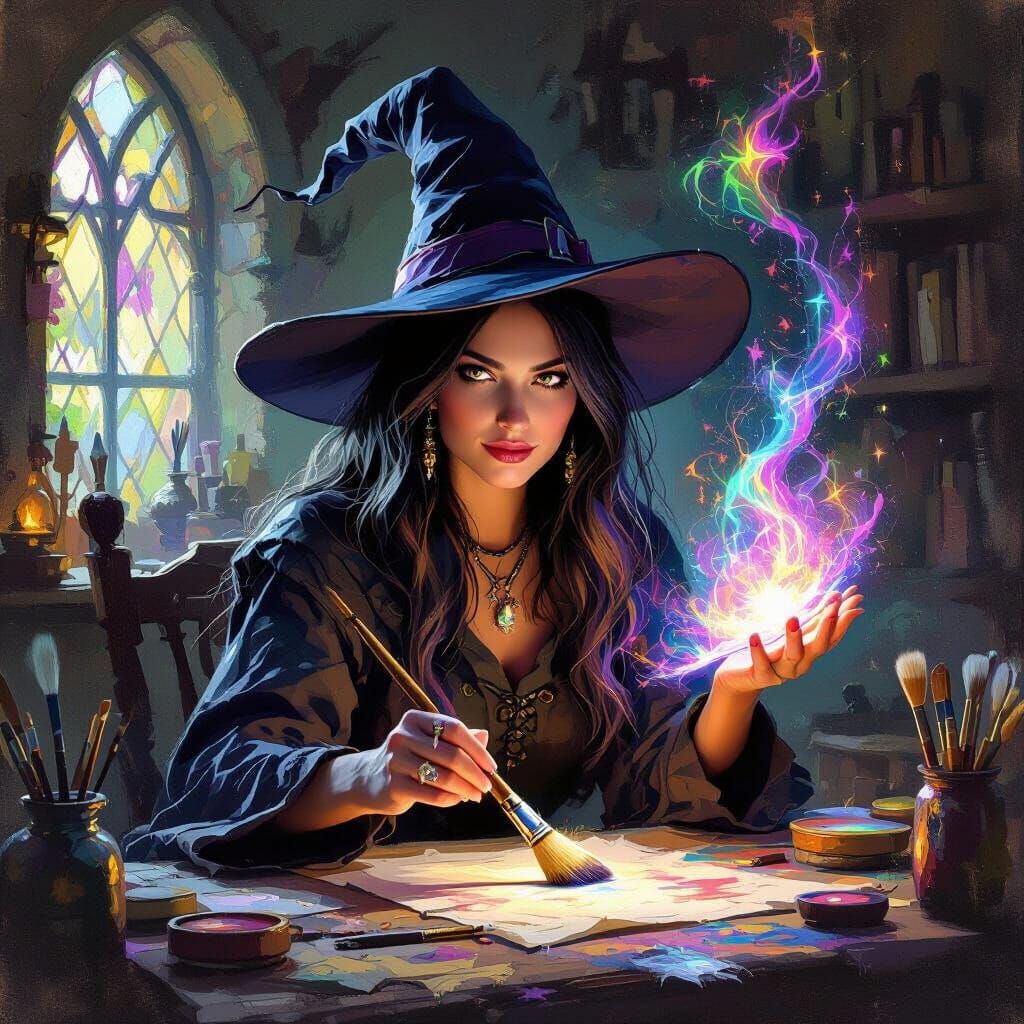 Witch Painting in Magical Studio, Oil Painting Style