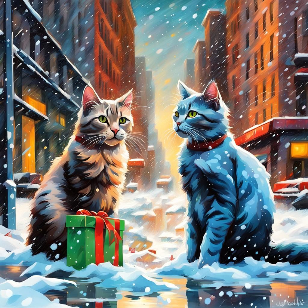 two cats on the streets of New York playing with the snow, with a beautiful Christmas atmosphere with christmas presents...