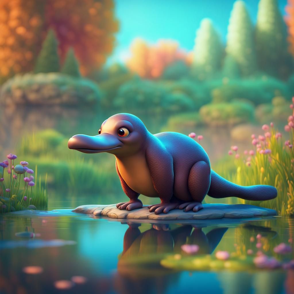 Colorful Platypus Beside Pond in 3D Digital Art