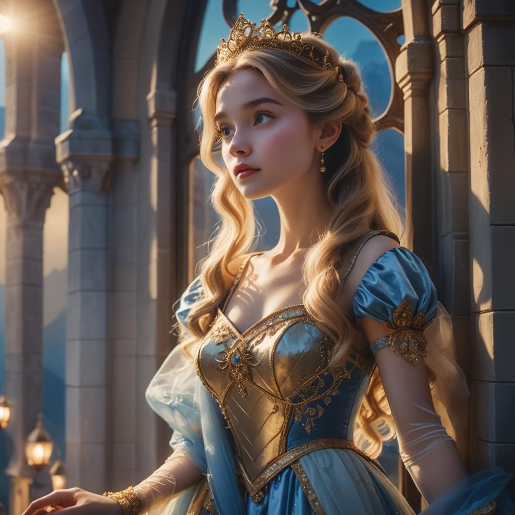 Cinematic Princess Gazing at Moonlit Landscape