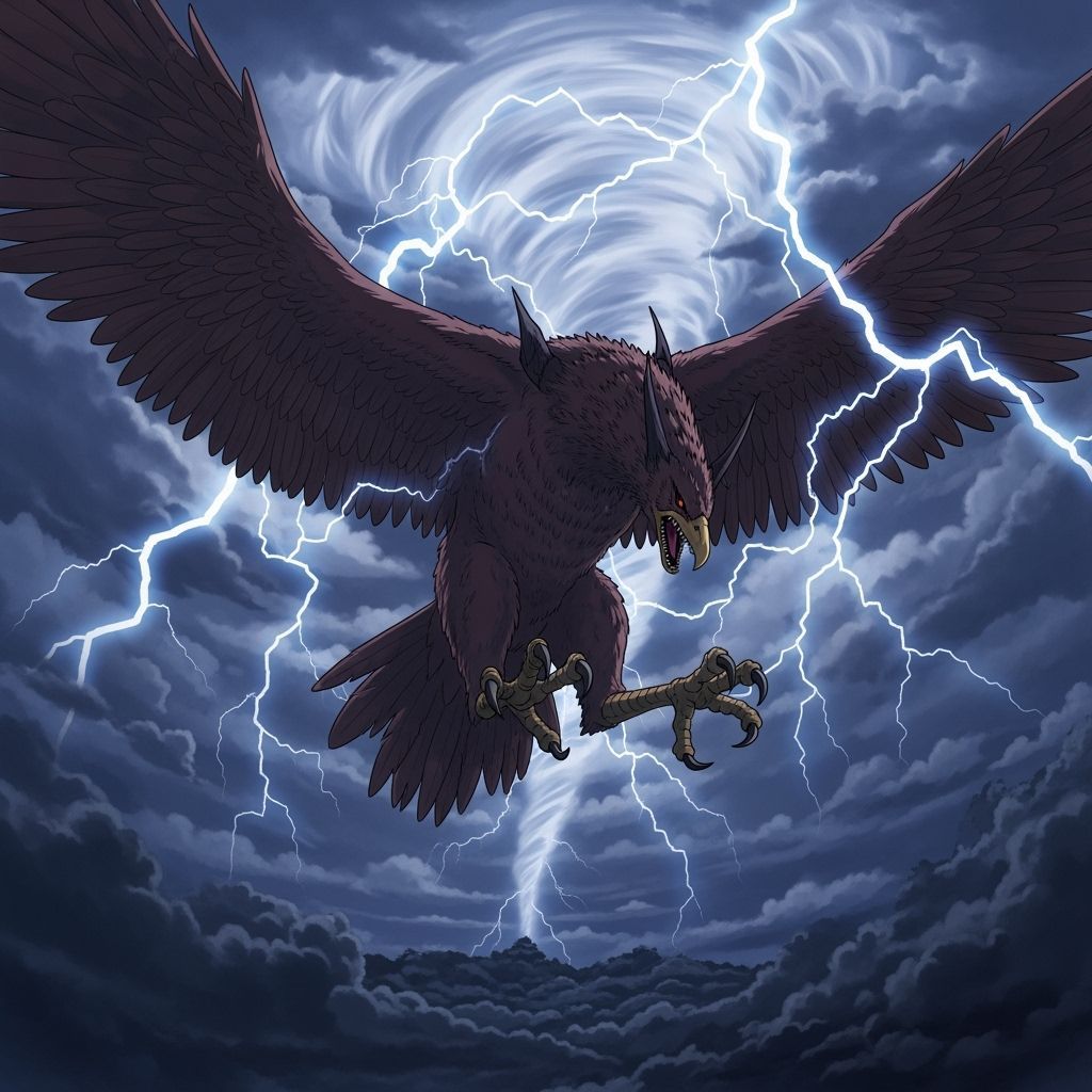 Giant Demon Bird Soaring Through Stormy Skies