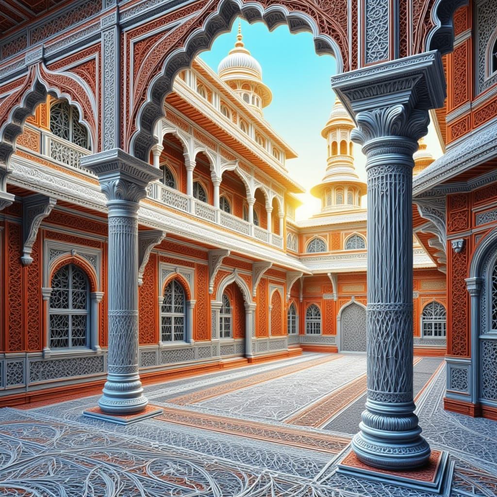 Indian Architecture Building in Delicate White String Filigr...