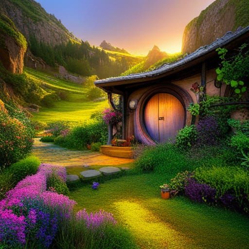 Enchanting Hobbit Home at Sunset