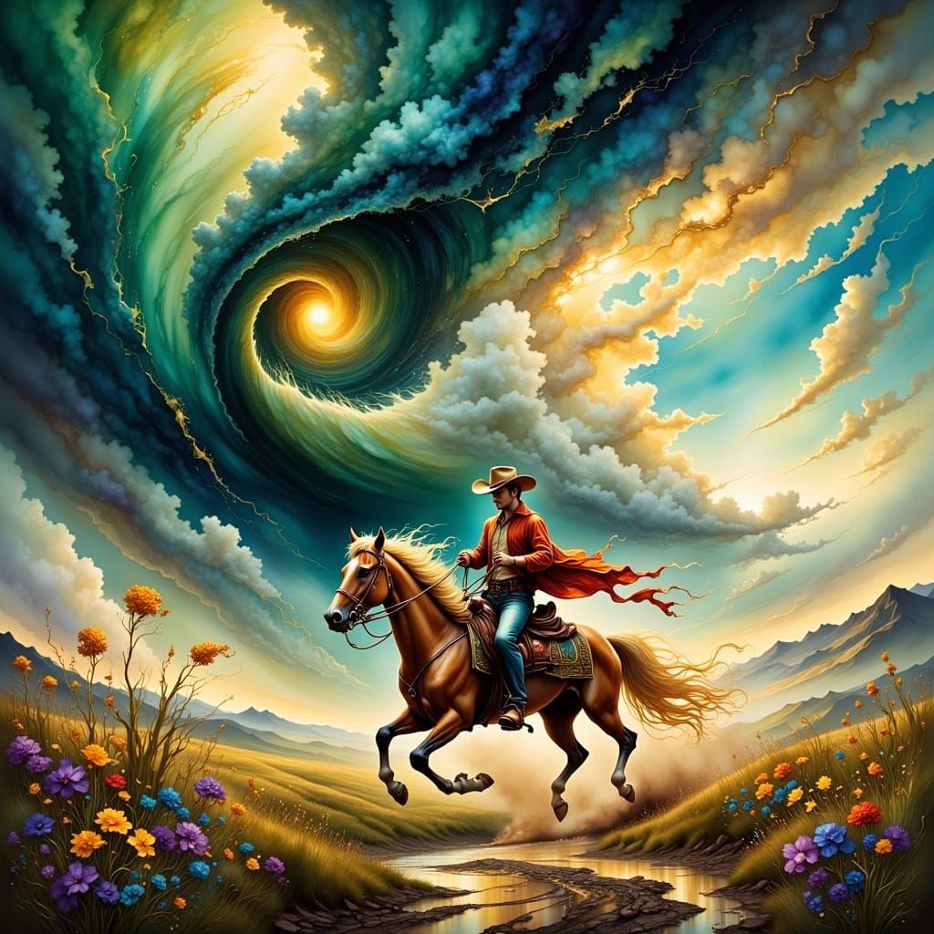 Cowboy Rides into Tornado, Ink Wash Style