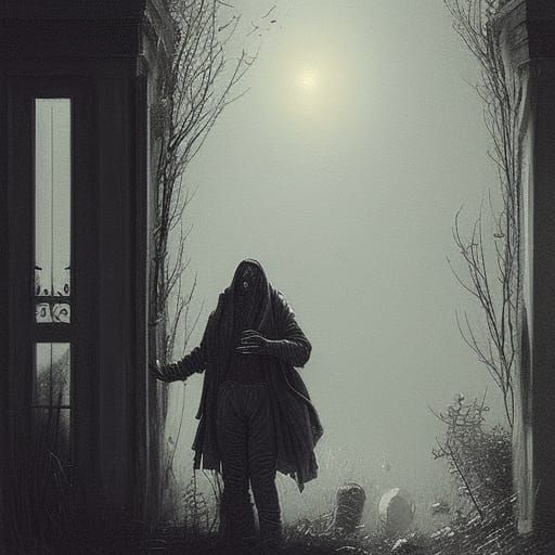 Neighbors Chatting in a Dark Surreal Style