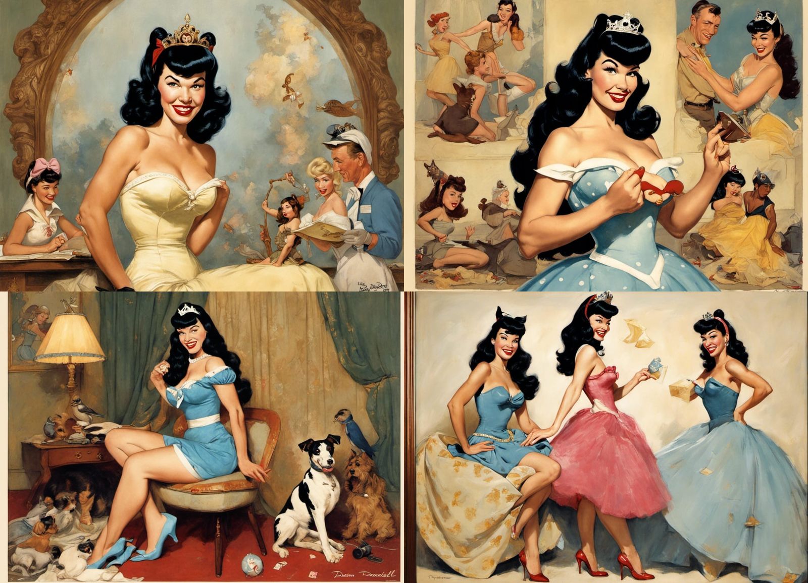 Bettie Page as Disney Princess in Rockwell Style