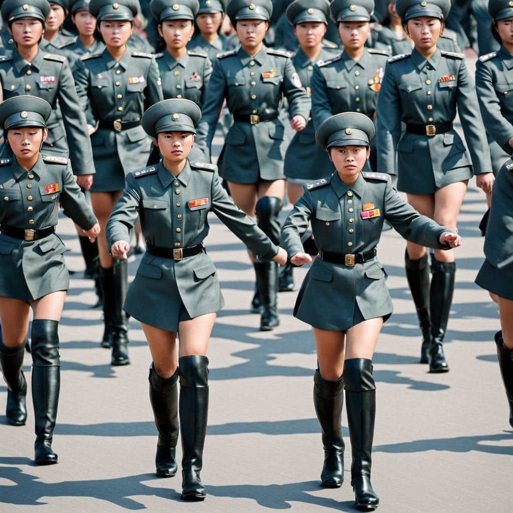 Female North Korean Soldiers March in Unison, Black Leather ...