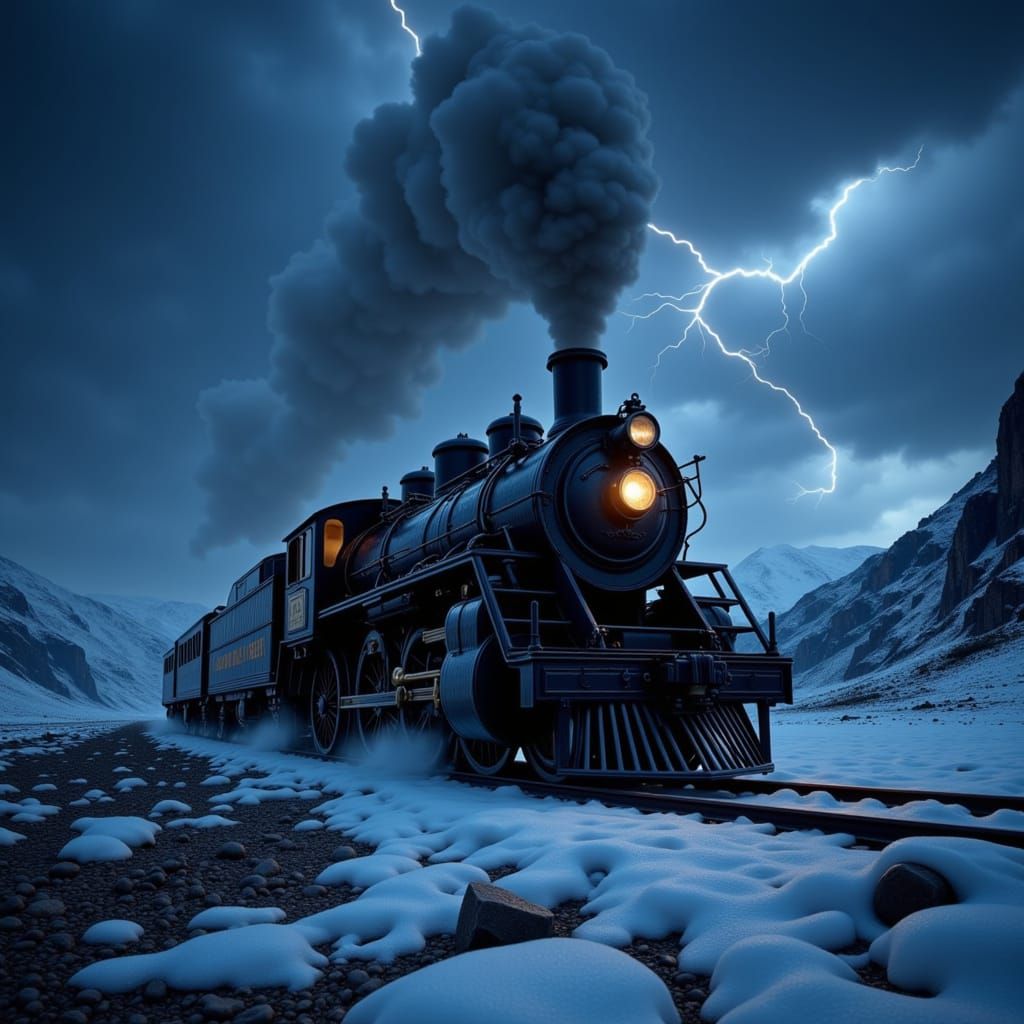 Vintage Steam Train in Stormy Mountain Pass