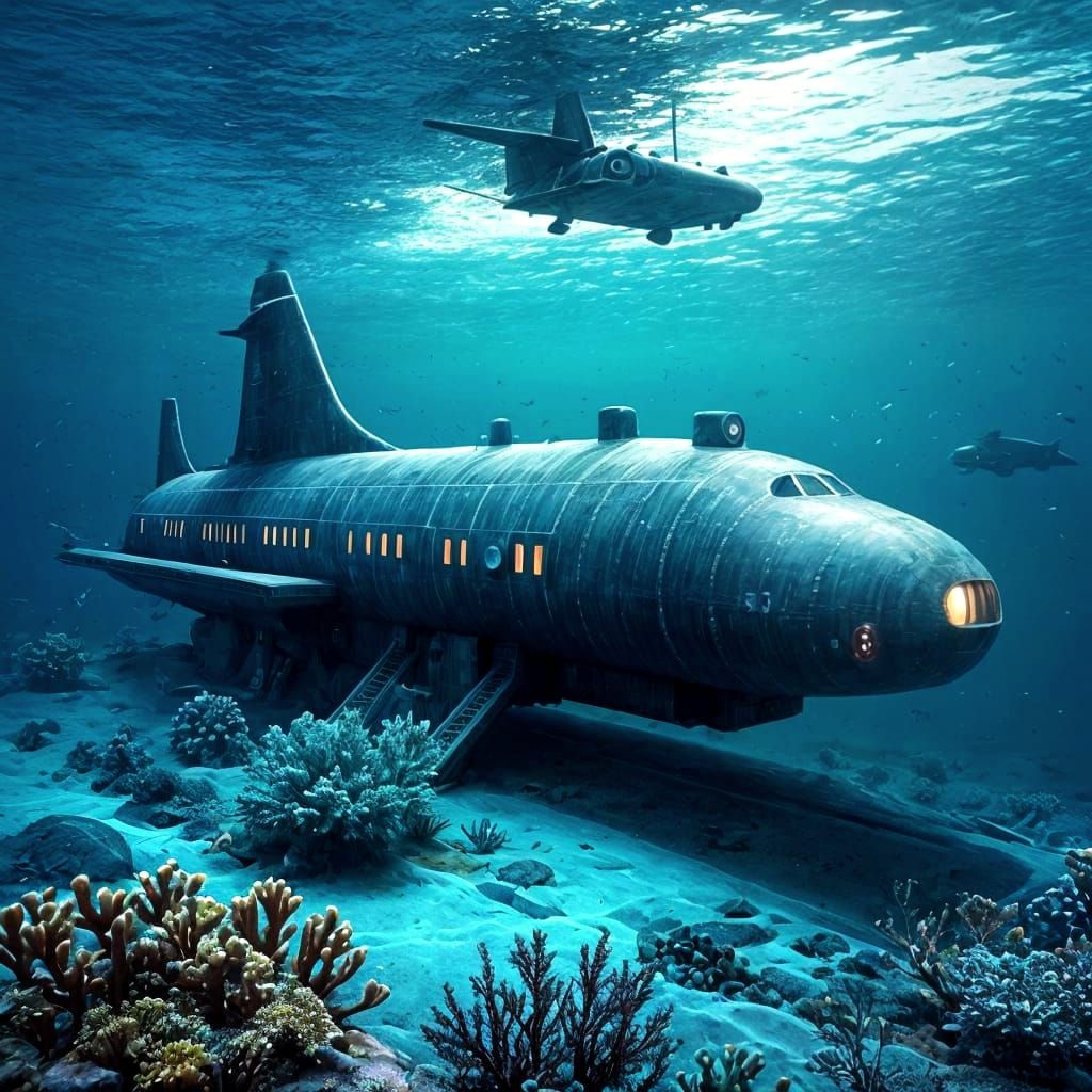 Underwater Cityscape with Submarines and Buildings