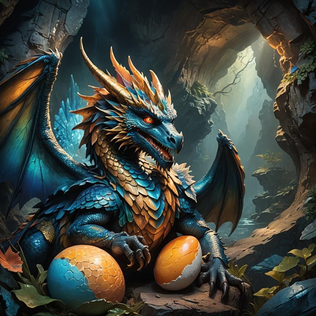 Winged Dragon Lays Glowing Egg in Cave