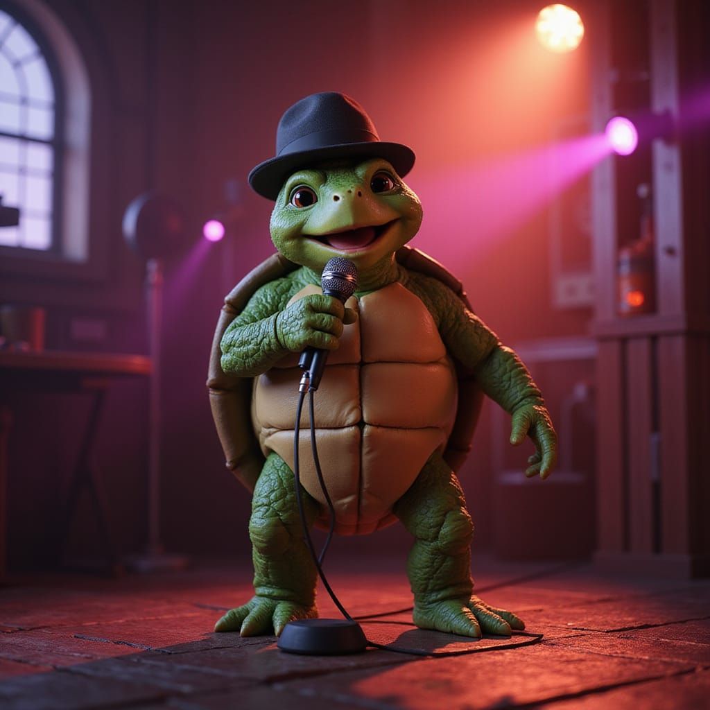 Singing Turtle in Film Noir Nightclub, 3D Render