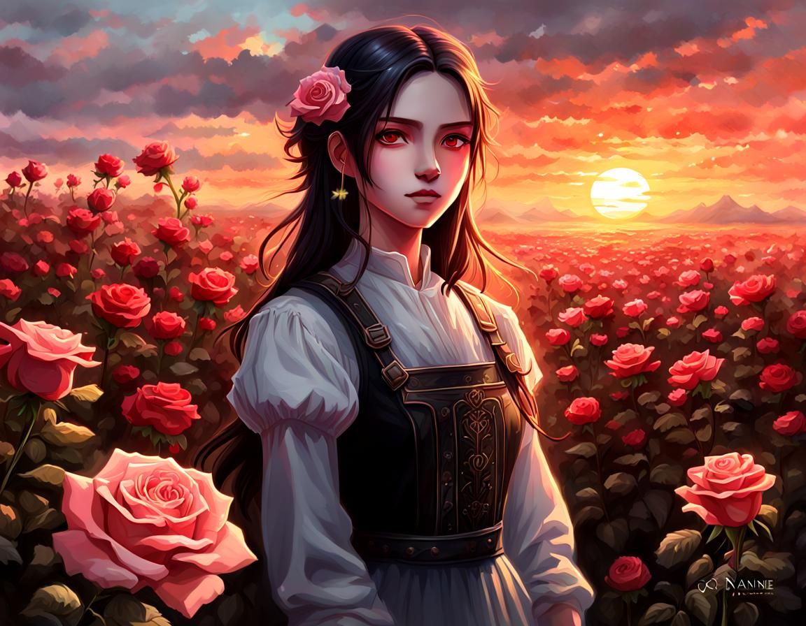 Rose in Sunset Field: Neo-Romantic Airbrush Painting