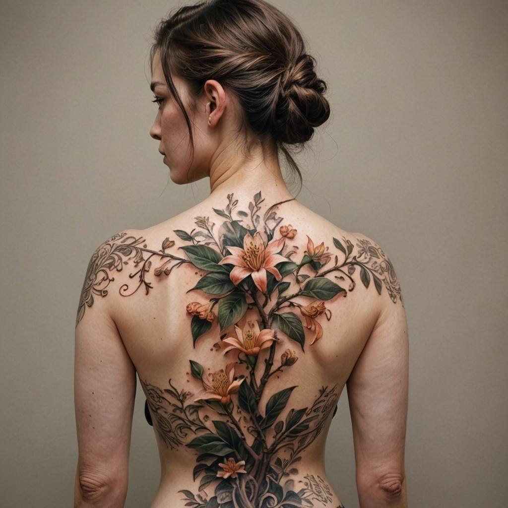 Woman with Honeysuckle Tattoo: Hyperrealistic Masterpiece