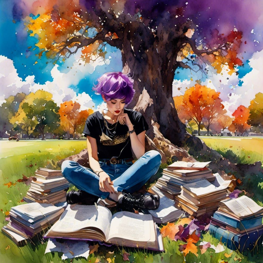 Student Studying Under Tree in Stylized Watercolor Art