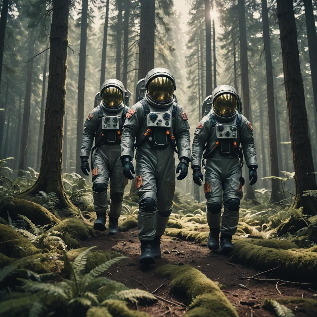 Astronauts Traverse Inverted Space Forest: Cinematic Still