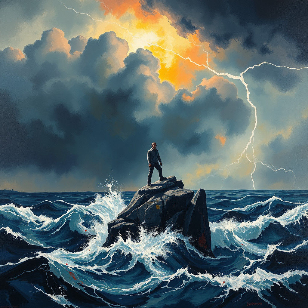 Figure in Anguish on Stormy Rock Outcrop