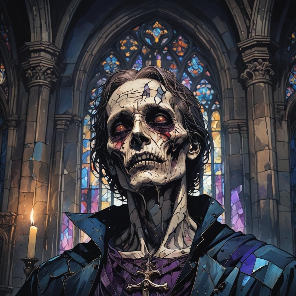 Decaying Corpse in Gothic Church: Dark Art Portrait