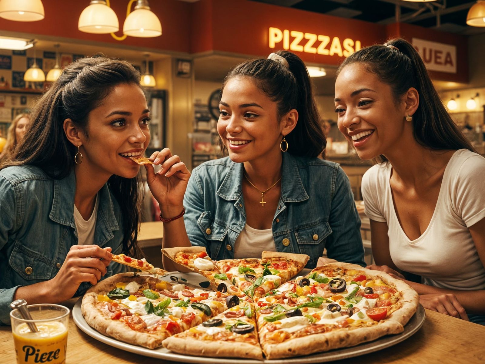 Friends Enjoying Pizza in a Diner: Cinematic Still