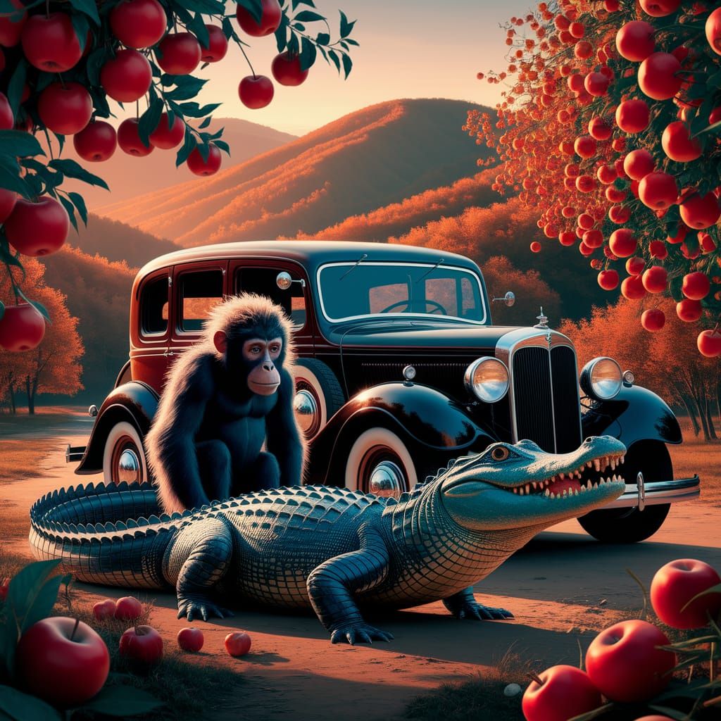 Appalachian Alligator and Ape with Vintage Automobile
