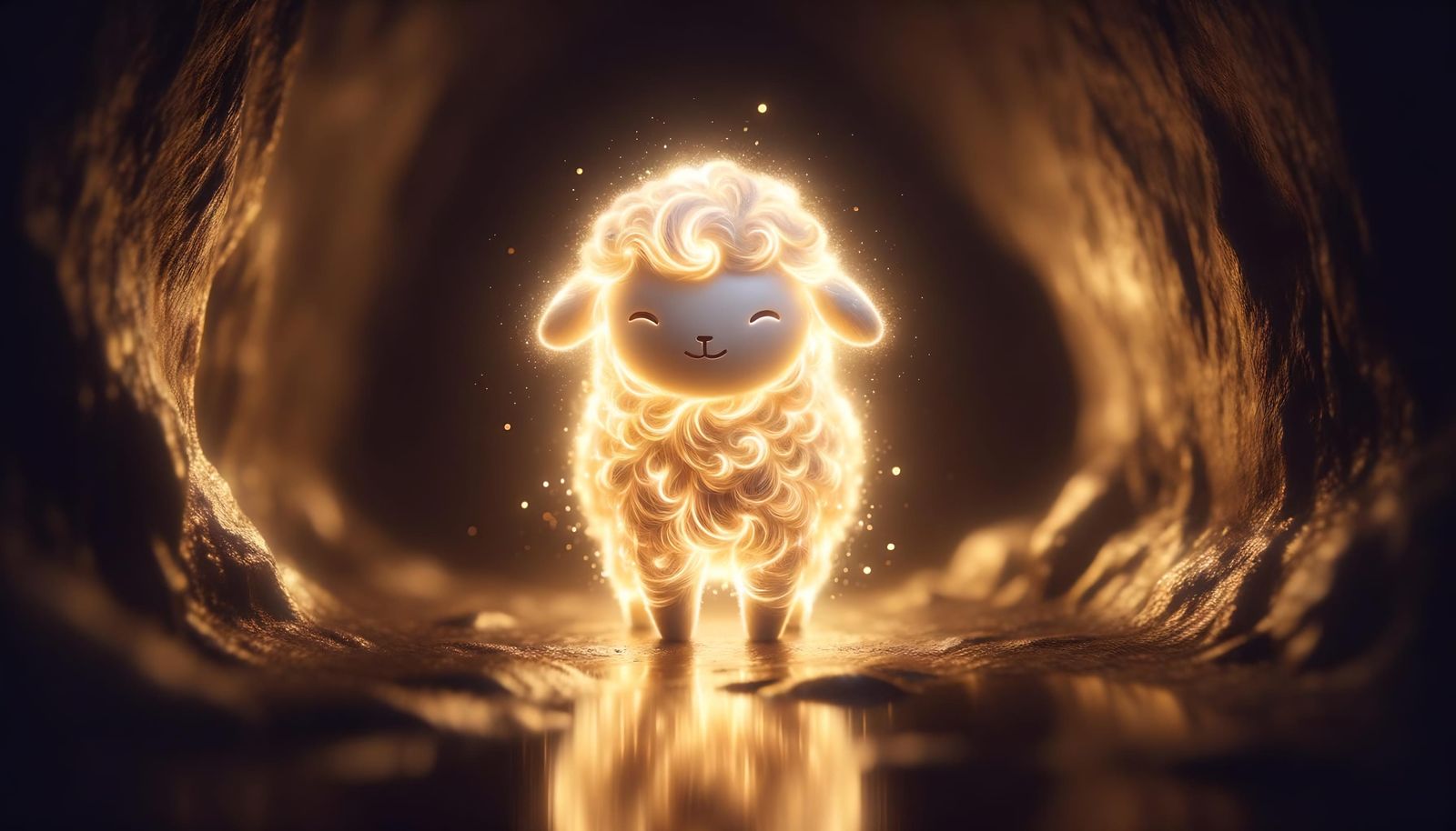 Mystical Golden Sheep of Light in Dreamlike Cave