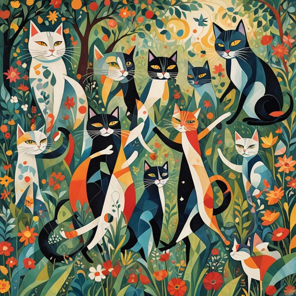 Dreamlike Garden Dance with Cat and Friends