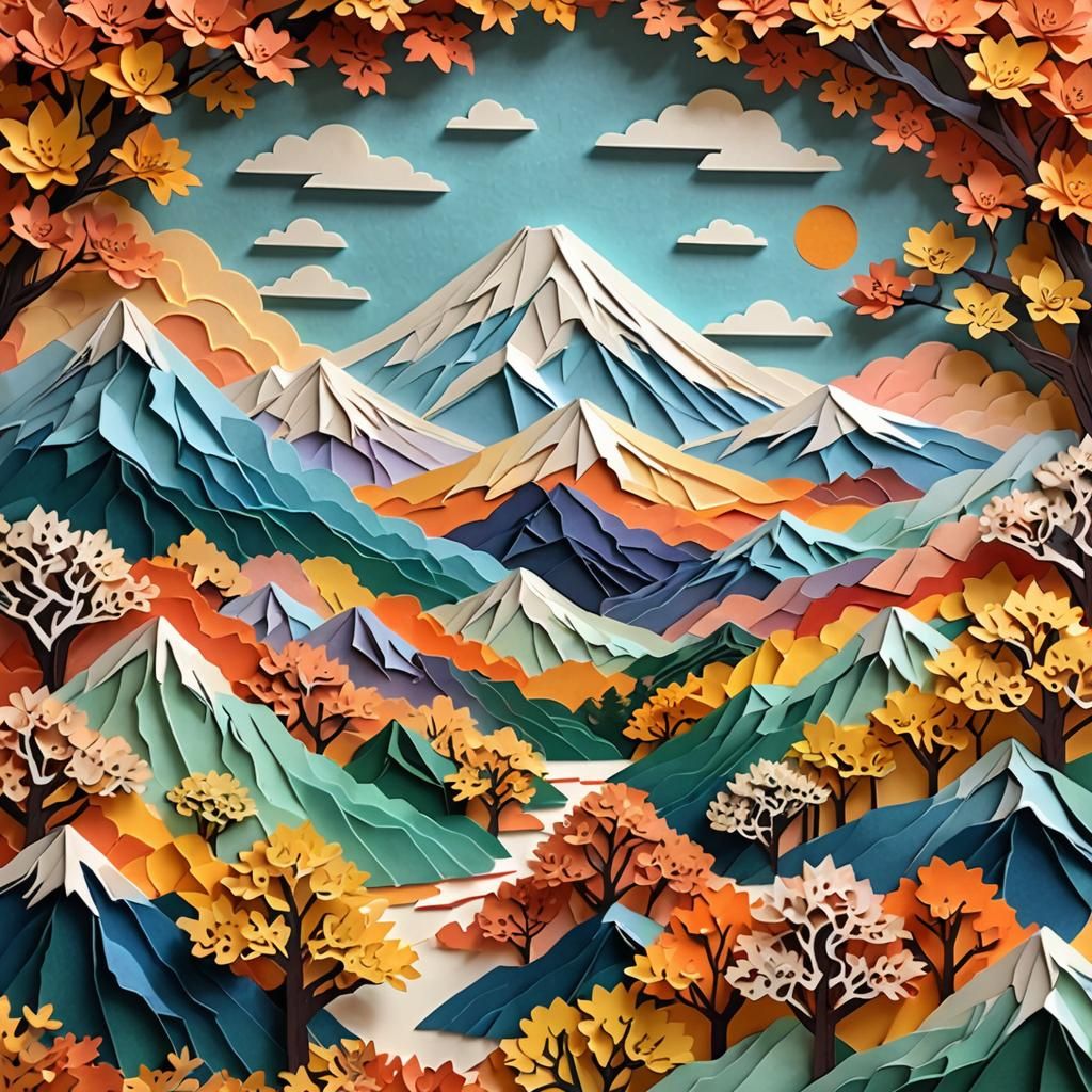 Japanese Mountains in Autumn Kirigami Art