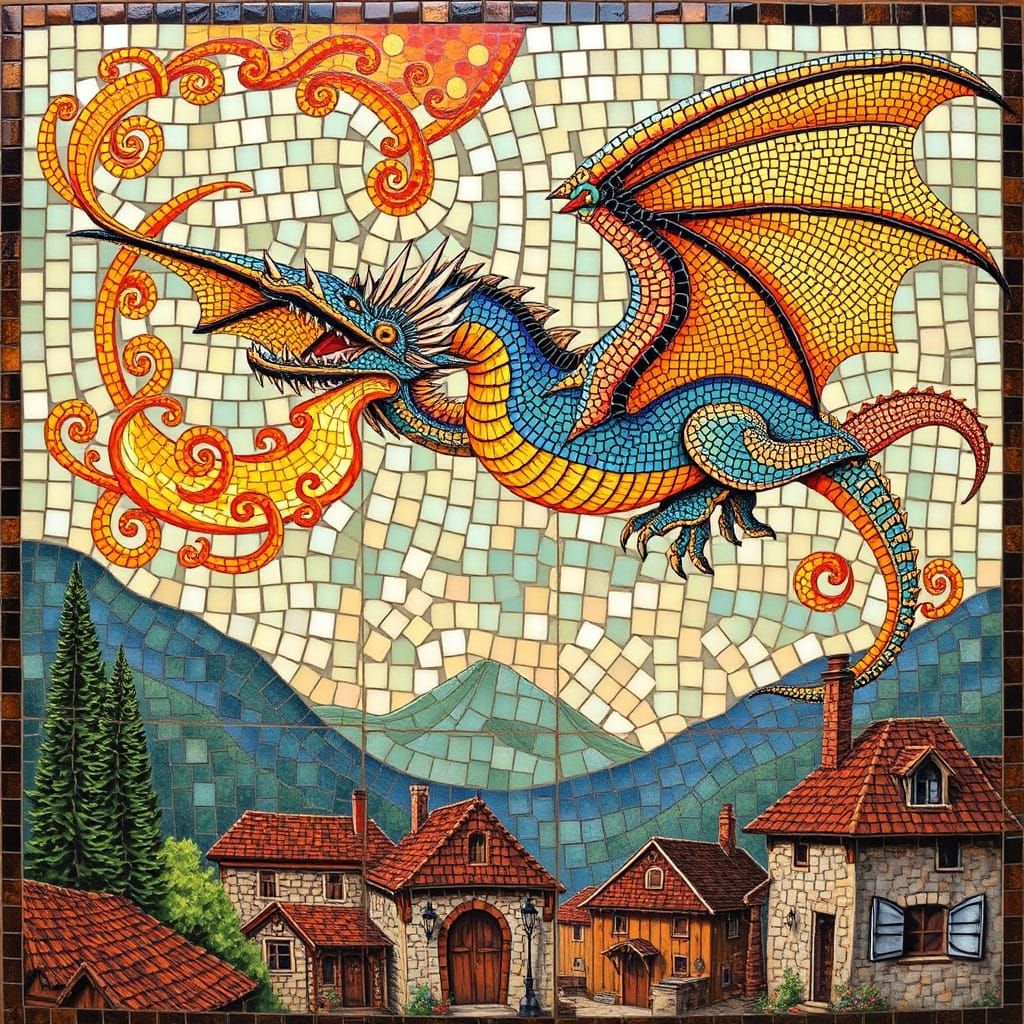mosaic tile depiction of a dragon breathing fire as it flies over the village