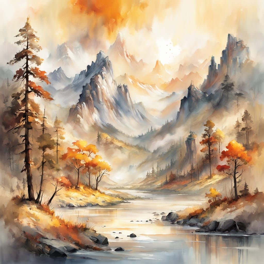 Dawn Breaks Over Mountain Vista: Watercolor Painting