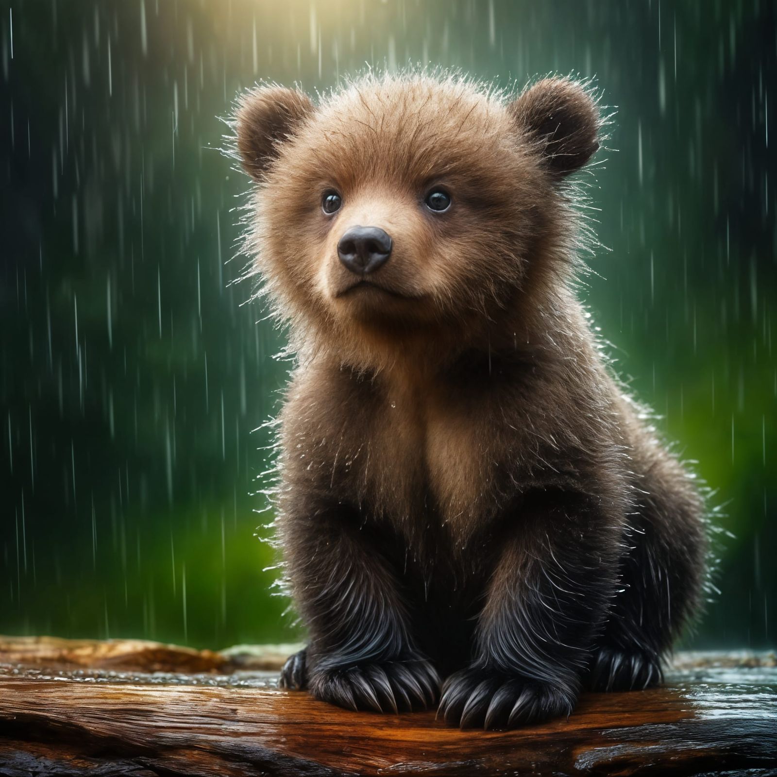 Newborn Grizzly Bear Cub Looks Up in Rainforest Storm