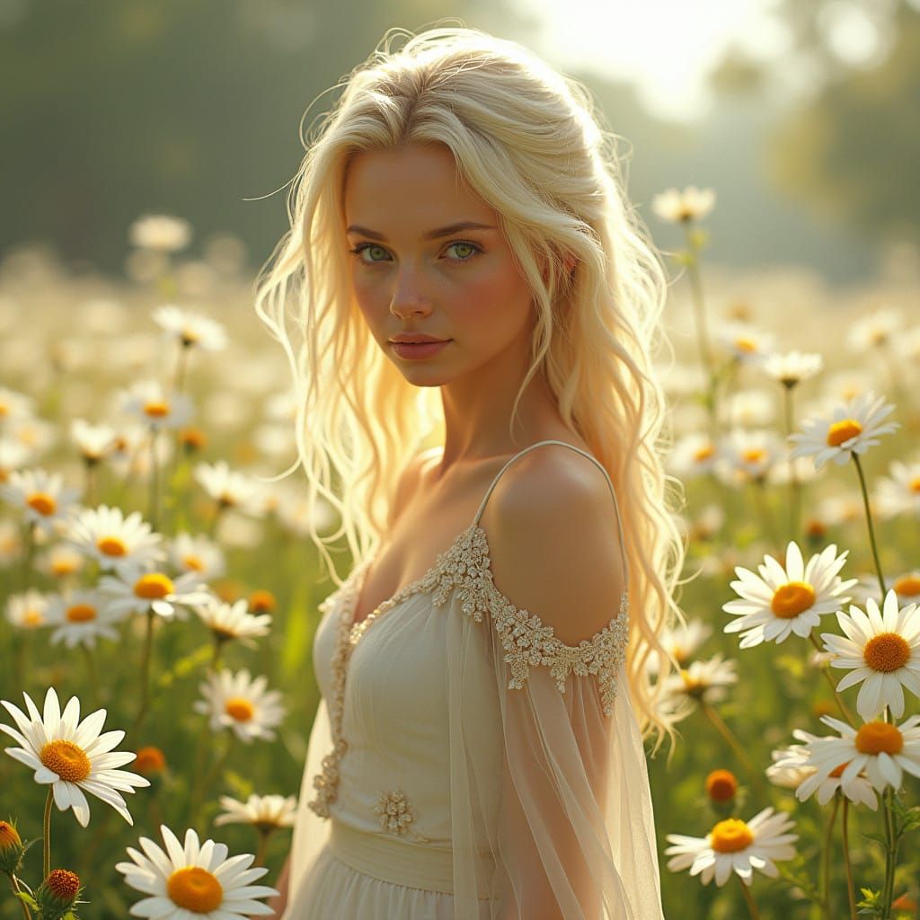 Serene Fantasy Landscape with Blond Woman and Daisies in a V...