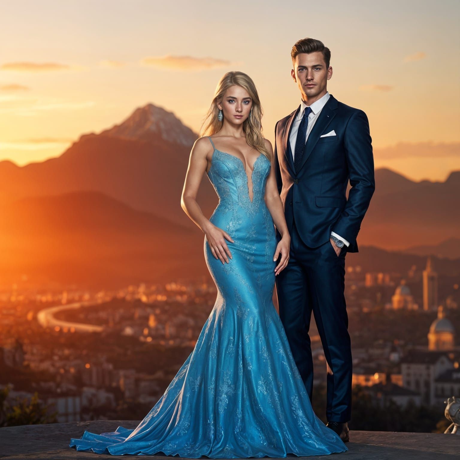 Stunning Couple at Twilight: Detailed Matte Painting