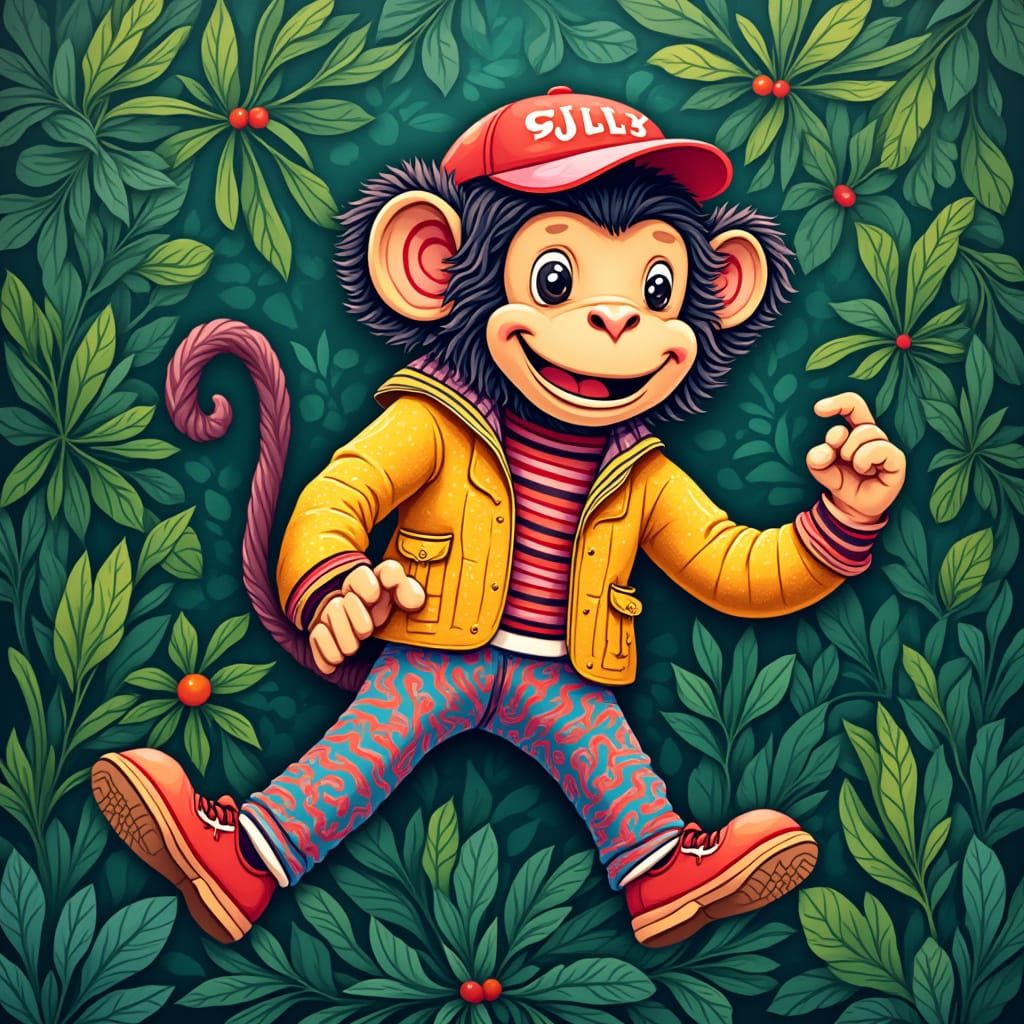 Whimsical Monkey in Jungle, Contemporary Pop Art