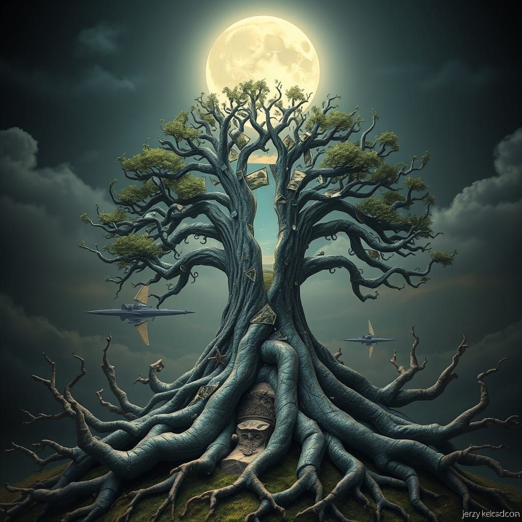 Surreal Tree Goddess Portal in Whimsical Moonlit Landscape
