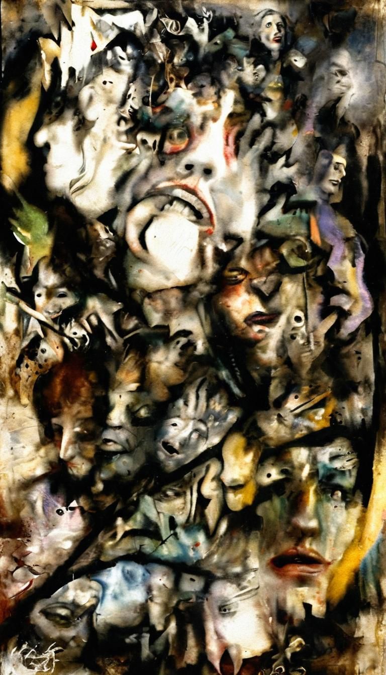 Chaotic Faces Blend in Surreal Abstract Painting