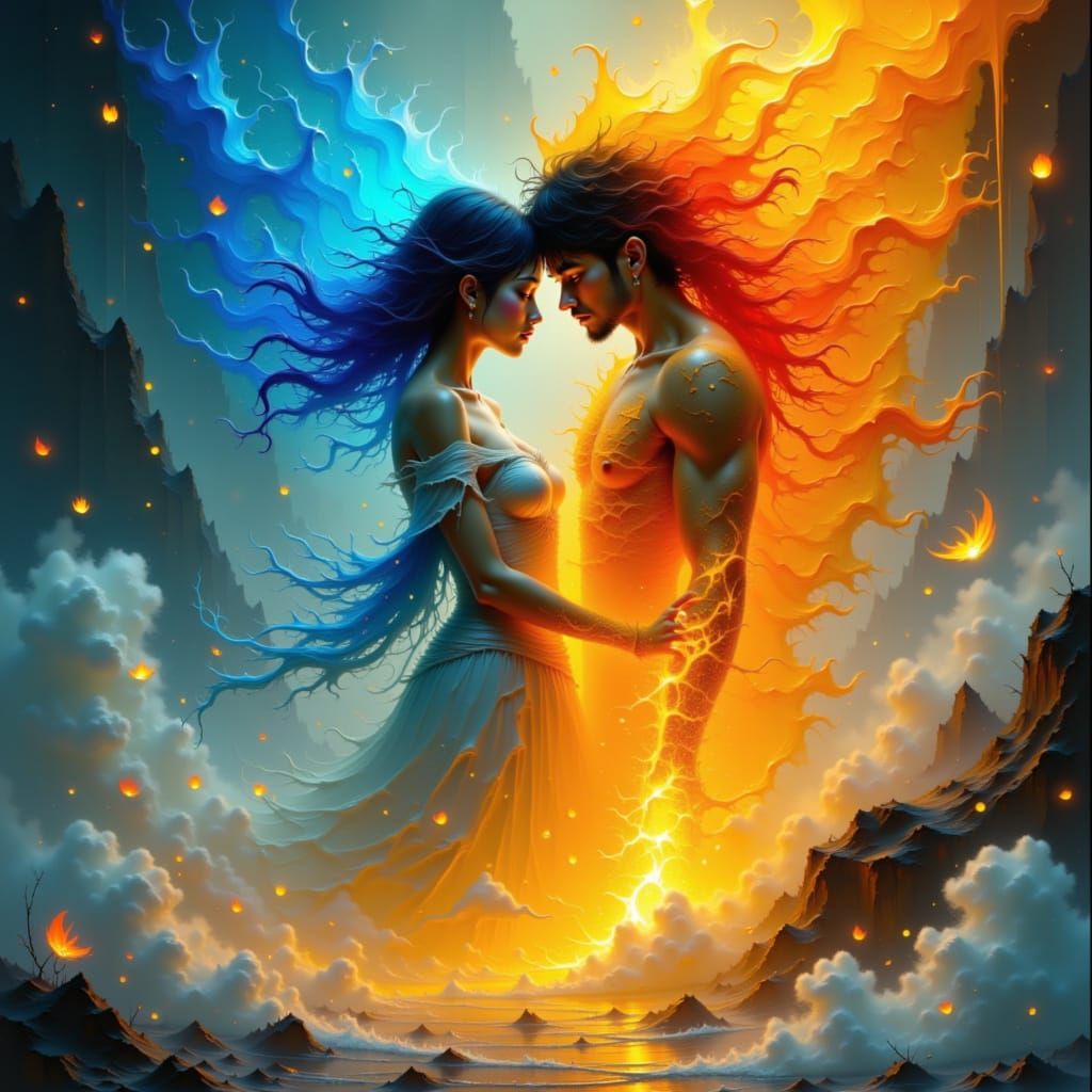 Fire and Water Spirits Embrace in Dreamy, Ethereal Scene