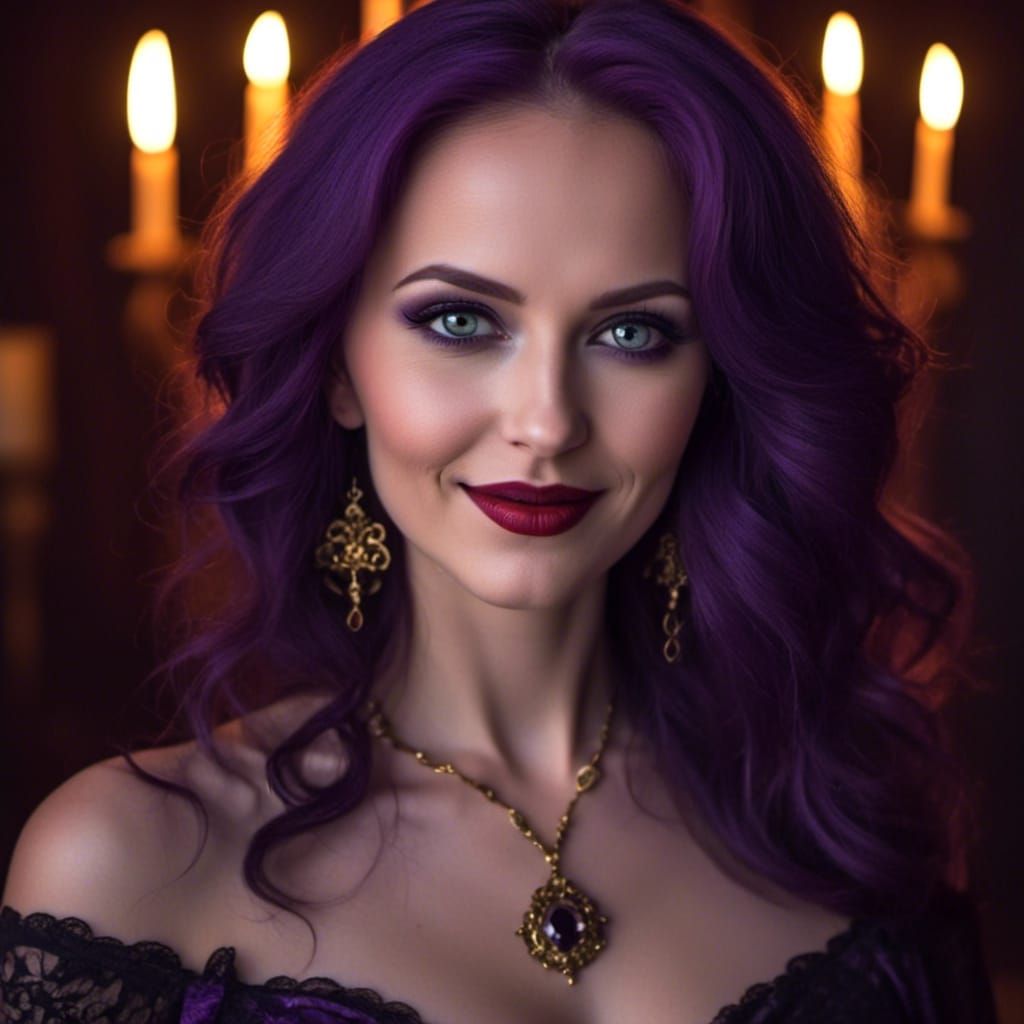 Gothic Vampire Portrait with Purple Hair and Eyes