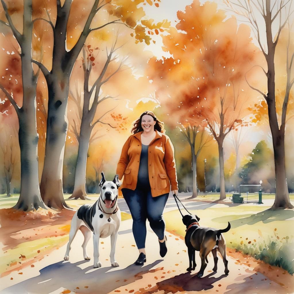 Autumn Walk: Watercolor of Woman and Great Dane