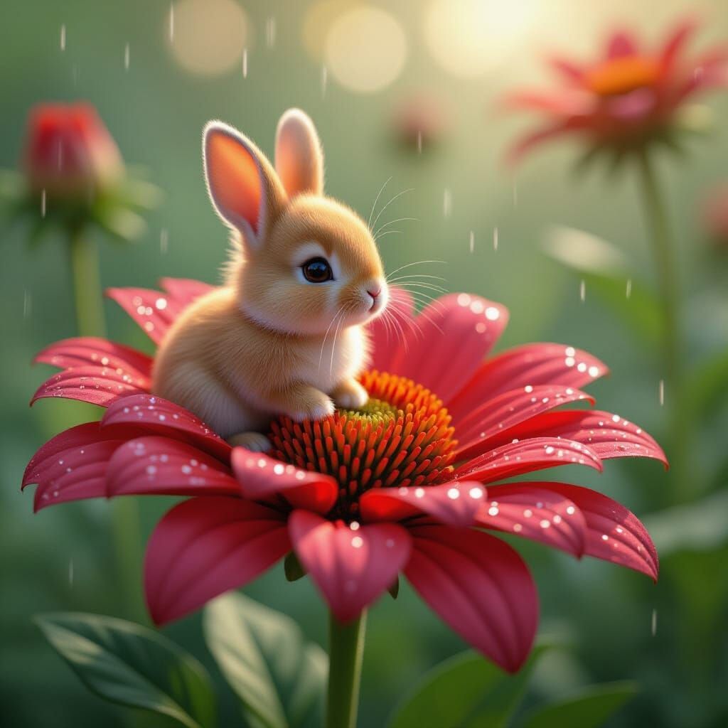 Fluffy Bunny on Red Flower with Raindrops in 3D Anime Style