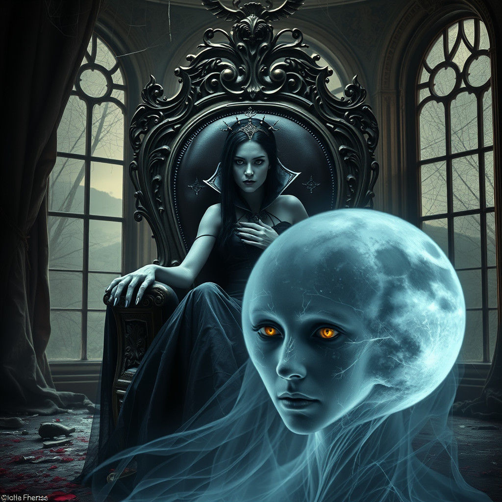 A surreal, darkly fantastical scene: "A taciturn Vampire Countess, with skin as white as alabaster and hair as black as ...