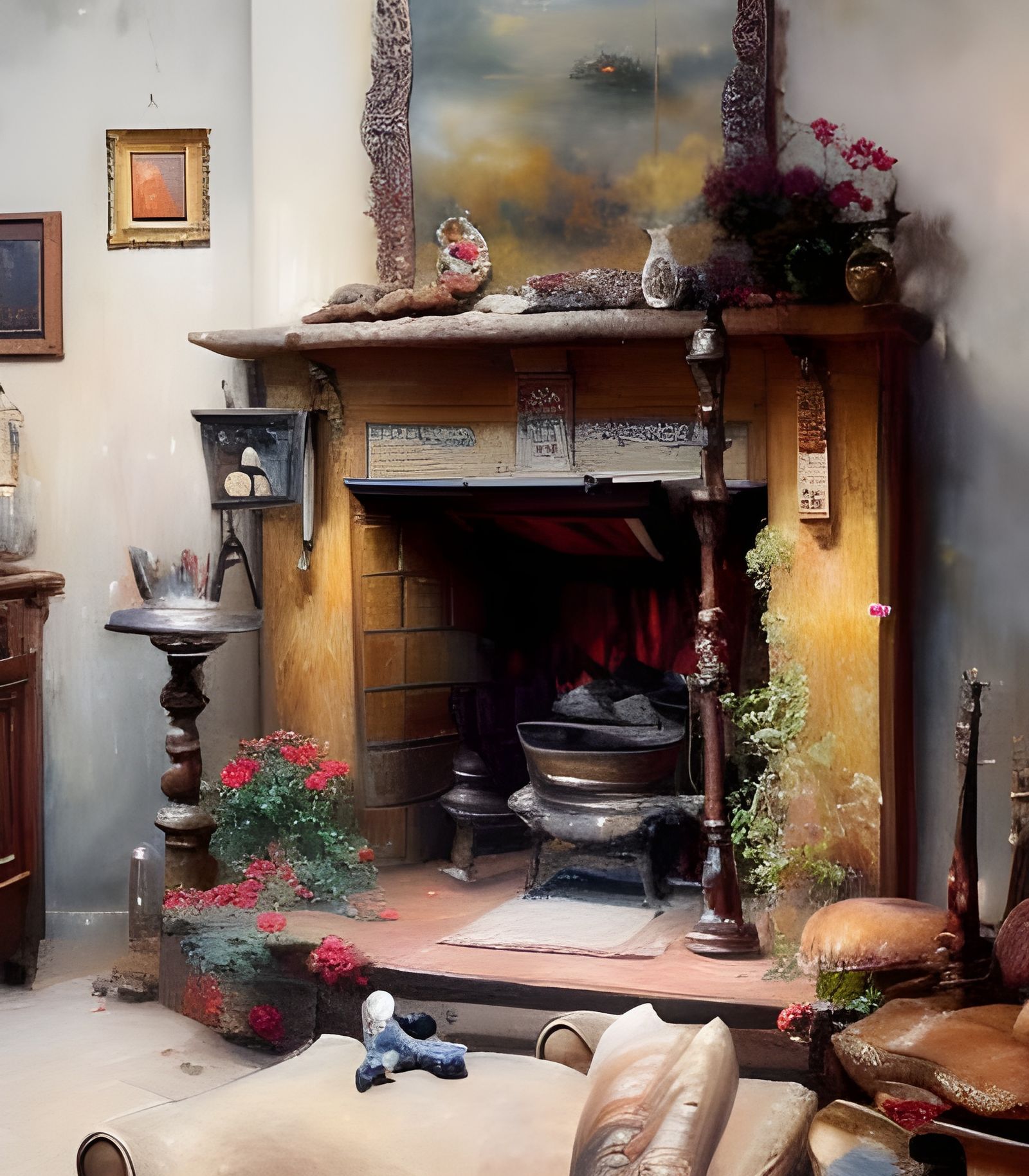 Cozy Cottage Fireplace: Intricate Hyper-Detailed Oil Paintin...