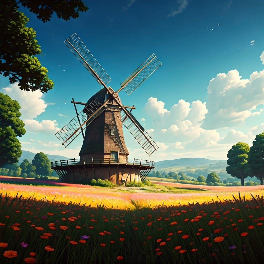 European Windmill on Hillside: Matte Painting