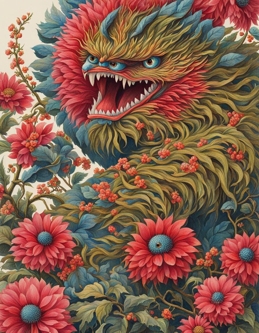 Detailed Blossom Monster Drawing in Folk Art Style