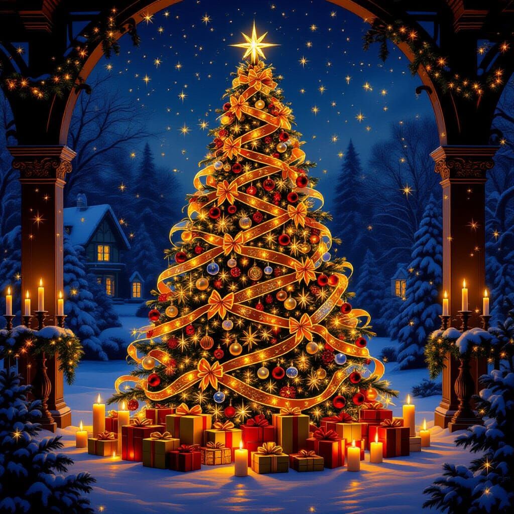 Grand Christmas Tree Adorned with Lights and Ornaments