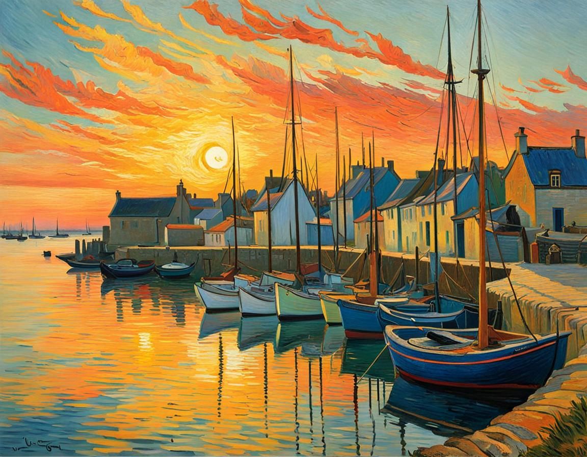 Brittany Harbor at Sunrise in Post-Impressionist Style
