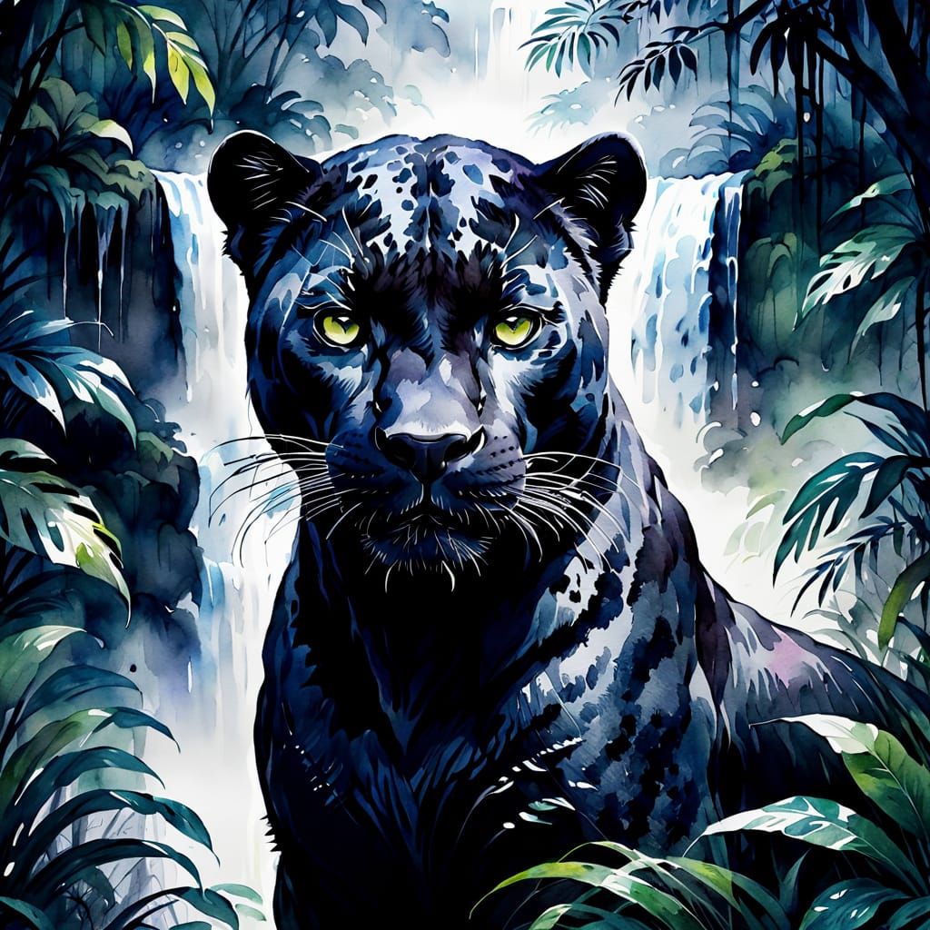 Majestic Black Panther in Asian Jungle Watercolor