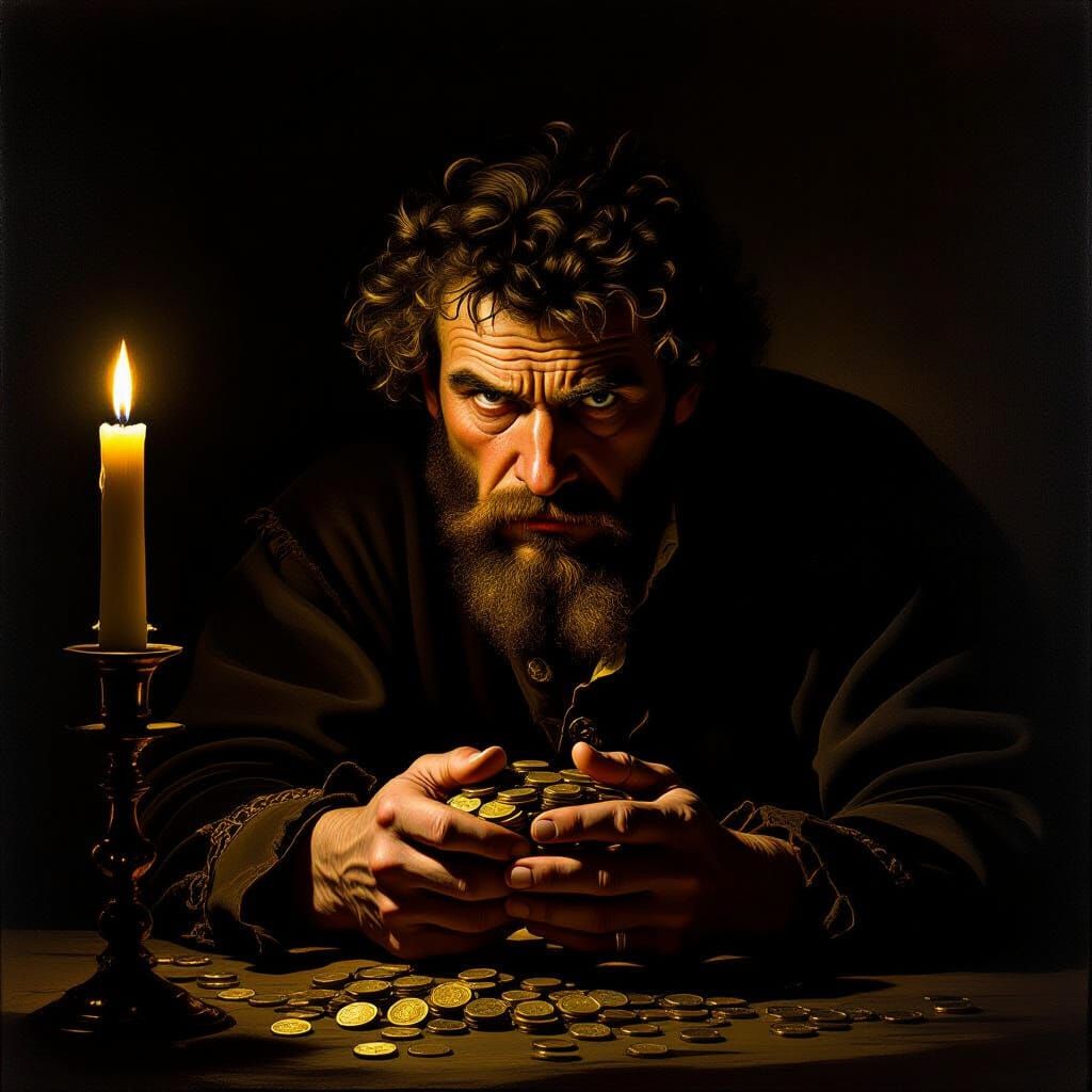 Greedy Miser Clutching Coins in Shadowy Light