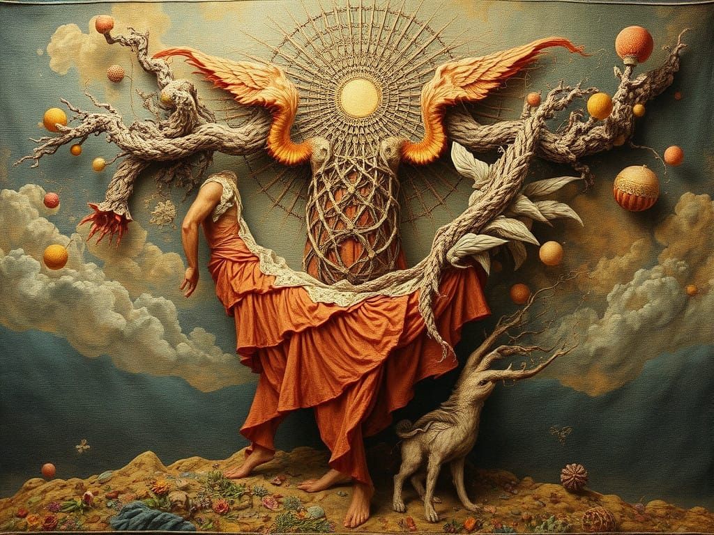 Surreal Woven Tapestry Depicts Metaphysical Transformation