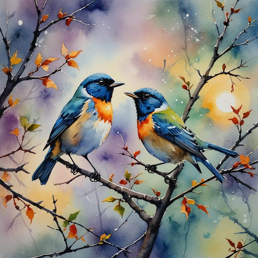 watercolor painting a songbird perched on a branch, singing its melodious tune as the sun rises in the background.