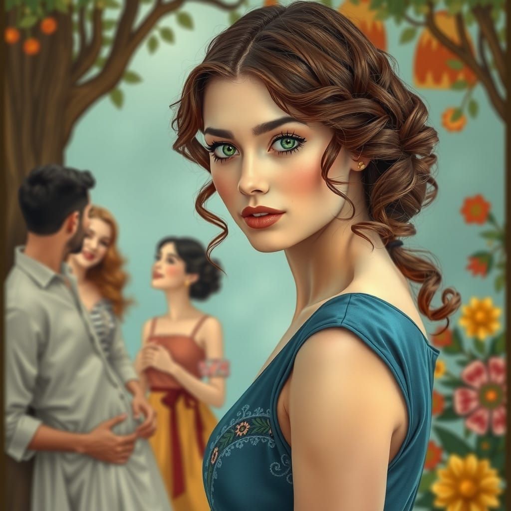 Elegant Woman Lost in Thought Amidst Joyful Scene