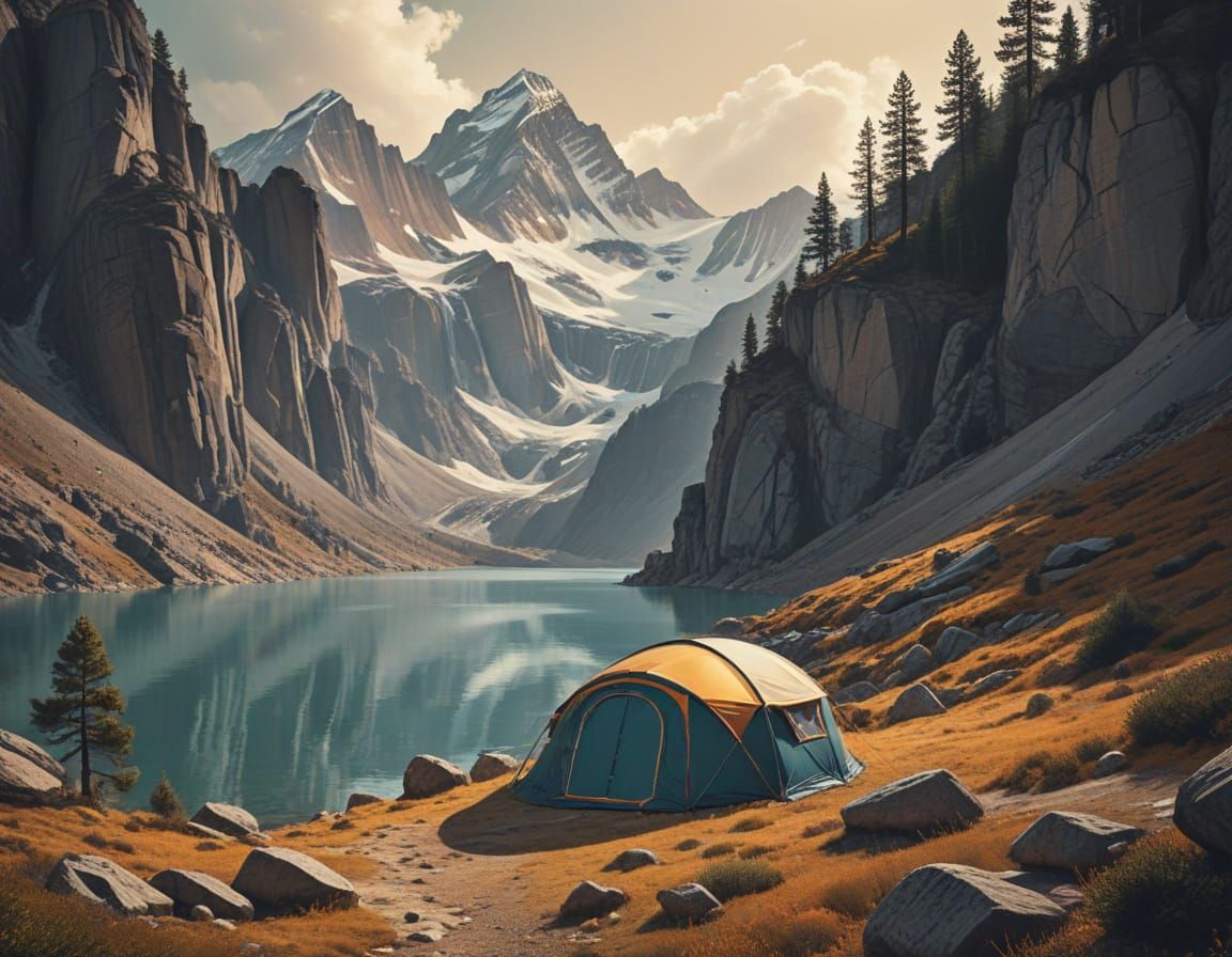 Vibrant Mountain Scene in Stylized Digital Art